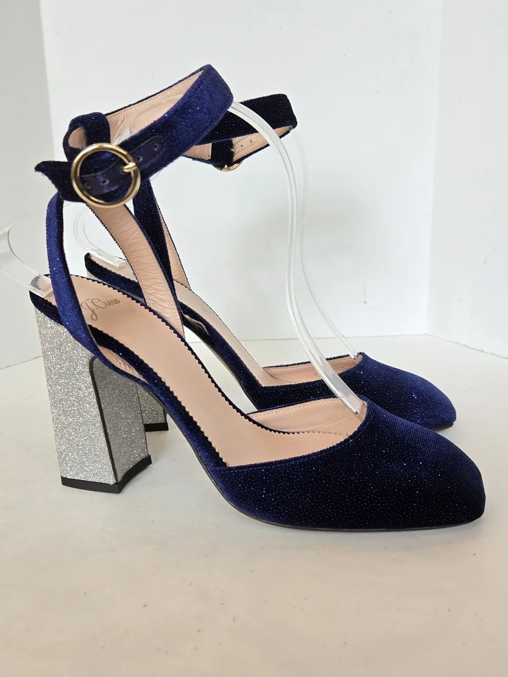 J. Crew Harlow Navy Velvet Ankle-Strap Block Heels Silver Glitter Heel